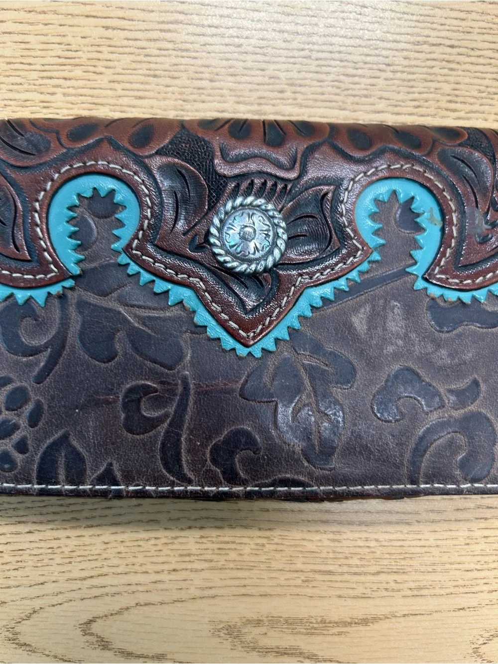 Angel Ranch Brown Tooled Leather smartphone wallet with Turquoise Accent -